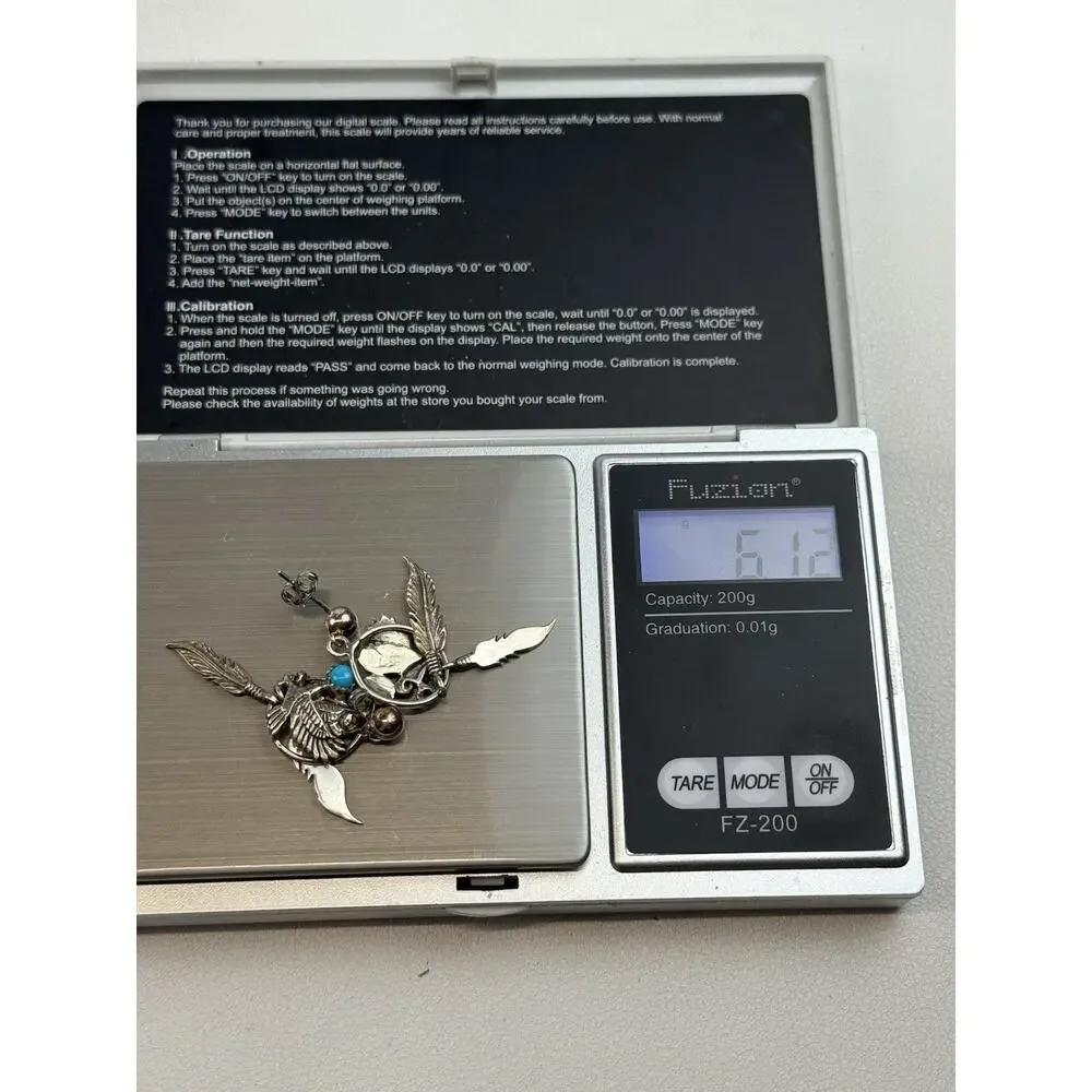 Southwest Style Sterling Silver Pierced Earrings Turquoise Feathers Eagle